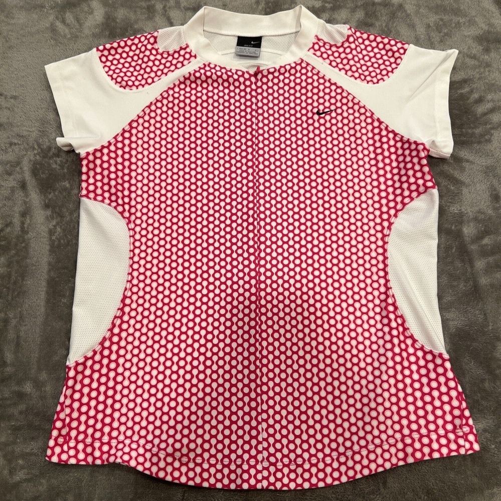 Womens Nike Full Zip Dri-Fit short sleeve shirt size Medium Pink/white